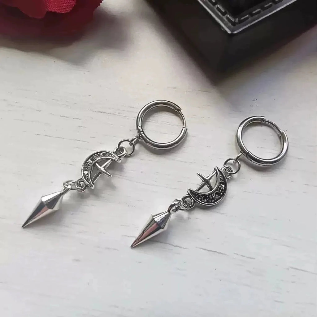 1 Pair of Punk Rock Stainless Steel Pointed Star and Moon Earrings, Suitable for Women to Wear Gothic Jewelry Accessories on a D
