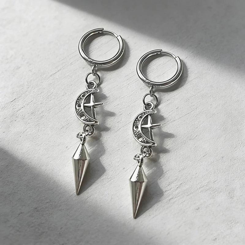 1 Pair of Punk Rock Stainless Steel Pointed Star and Moon Earrings, Suitable for Women to Wear Gothic Jewelry Accessories on a D