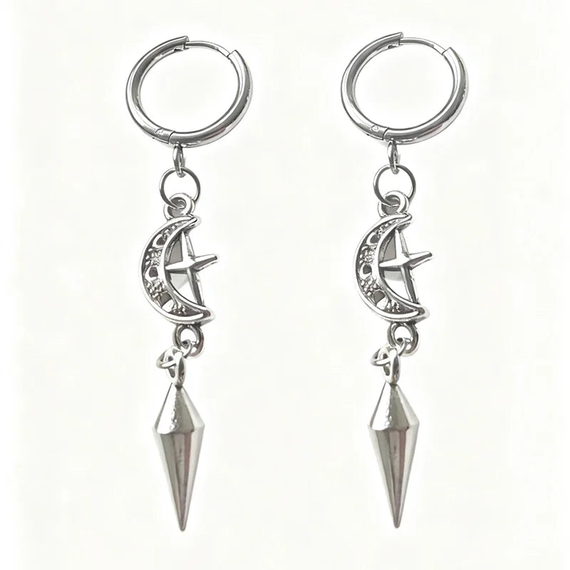 1 Pair of Punk Rock Stainless Steel Pointed Star and Moon Earrings, Suitable for Women to Wear Gothic Jewelry Accessories on a D