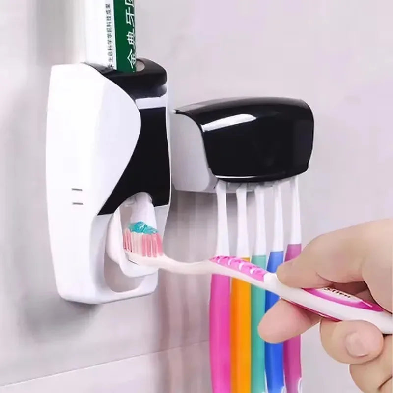 1 set of easy-to-use toothbrush holder with automatic toothpaste dispenser, wall mounted toothbrush storage rack, and bathroom