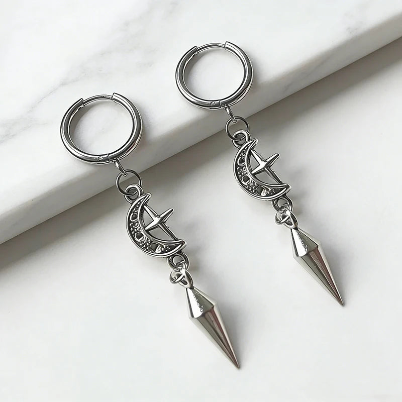 1 Pair of Punk Rock Stainless Steel Pointed Star and Moon Earrings, Suitable for Women to Wear Gothic Jewelry Accessories on a D